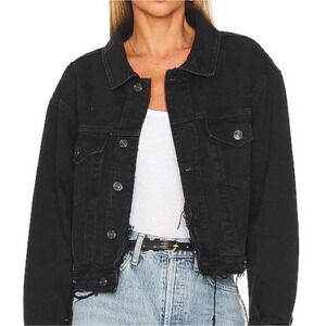 Agolde Shrunken Charli Denim Jacket in Jagged Black Frayed Raw Hem - Medium